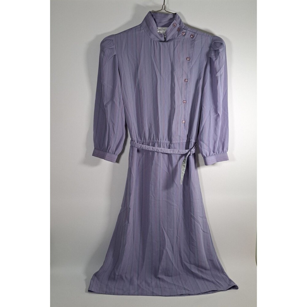 VTG Charlee Allison Women's Midi Dress Size 5/6 Small 80s Blue Purple Pinstripe